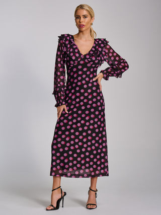 Ruffle V Neck Long Sleeve Mesh Midaxi Dress, Fuchsia Polka Dot