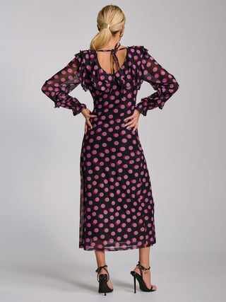 Ruffle V Neck Long Sleeve Mesh Midaxi Dress, Fuchsia Polka Dot