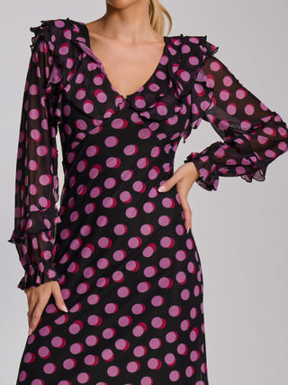 Ruffle V Neck Long Sleeve Mesh Midaxi Dress, Fuchsia Polka Dot