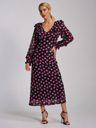 Ruffle V Neck Long Sleeve Mesh Midaxi Dress, Fuchsia Polka Dot