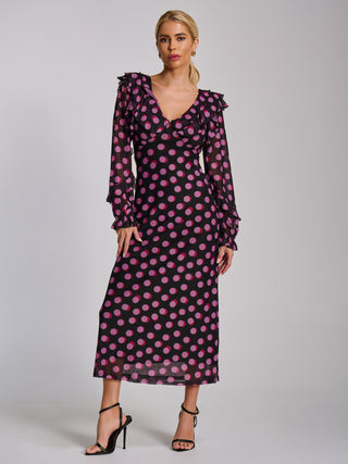 Ruffle V Neck Long Sleeve Mesh Midaxi Dress, Fuchsia Polka Dot