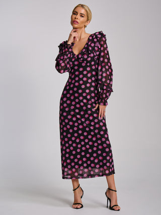 Ruffle V Neck Long Sleeve Mesh Midaxi Dress, Fuchsia Polka Dot