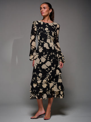 Long Sleeve Frill Chiffon Midaxi Dress, Black Floral