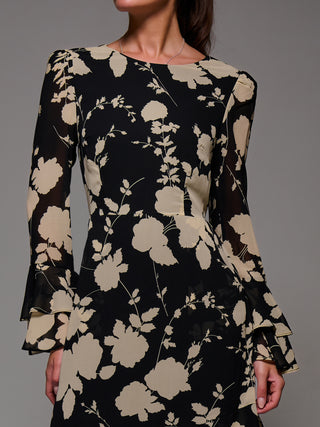Long Sleeve Frill Chiffon Midaxi Dress, Black Floral