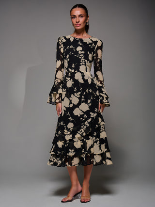 Long Sleeve Frill Chiffon Midaxi Dress, Black Floral