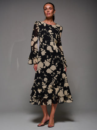 Long Sleeve Frill Chiffon Midaxi Dress, Black Floral