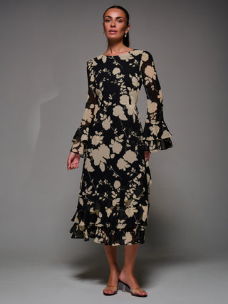 Long Sleeve Frill Chiffon Midaxi Dress, Black Floral