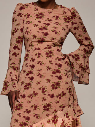 Long Sleeve Frill Chiffon Midaxi Dress, Coral Floral