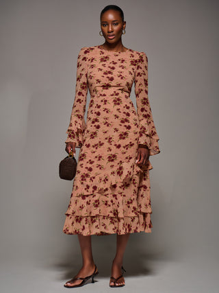 Long Sleeve Frill Chiffon Midaxi Dress, Coral Floral