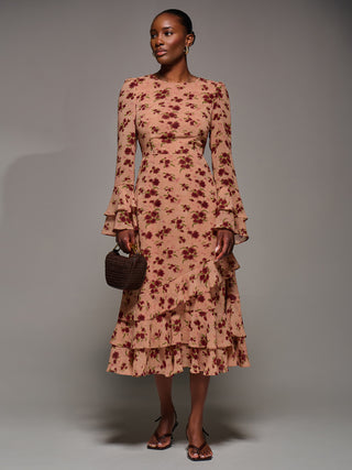 Long Sleeve Frill Chiffon Midaxi Dress, Coral Floral