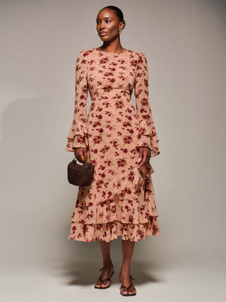 Long Sleeve Frill Chiffon Midaxi Dress, Coral Floral