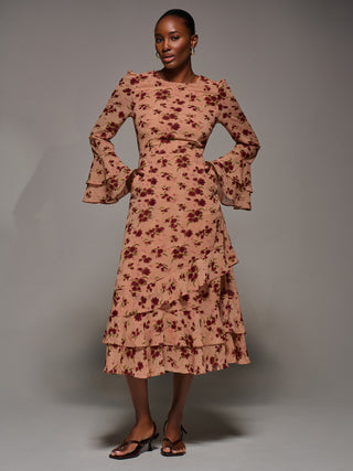 Long Sleeve Frill Chiffon Midaxi Dress, Coral Floral