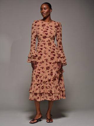 Long Sleeve Frill Chiffon Midaxi Dress, Coral Floral