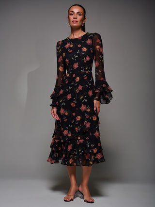 Long Sleeve Frill Chiffon Midaxi Dress, Floral Abstract