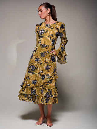 Long Sleeve Frill Chiffon Midaxi Dress, Yellow Floral