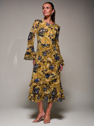 Long Sleeve Frill Chiffon Midaxi Dress, Yellow Floral