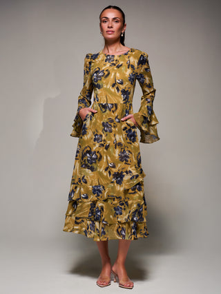 Long Sleeve Frill Chiffon Midaxi Dress, Yellow Floral