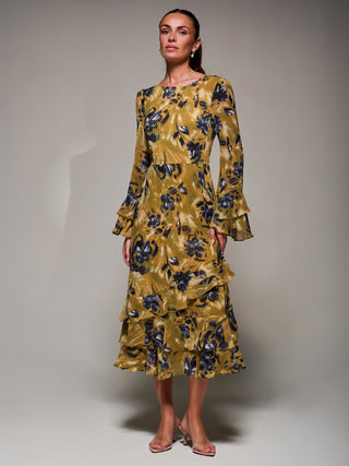 Long Sleeve Frill Chiffon Midaxi Dress, Yellow Floral
