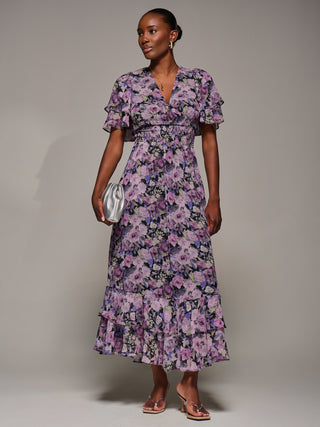 Chiffon Layered Sleeve Ruffle Hem Midaxi Dress, Black Floral