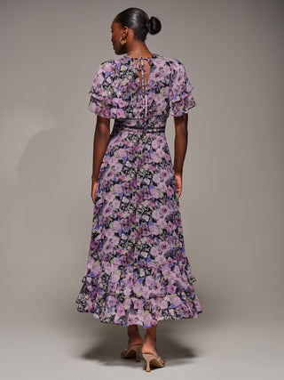 Chiffon Layered Sleeve Ruffle Hem Midaxi Dress, Black Floral