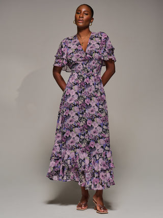 Chiffon Layered Sleeve Ruffle Hem Midaxi Dress, Black Floral