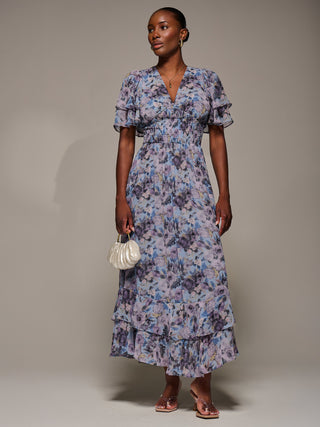 Chiffon Layered Sleeve Ruffle Hem Midaxi Dress, Blue Floral