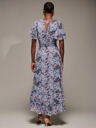 Chiffon Layered Sleeve Ruffle Hem Midaxi Dress, Blue Floral