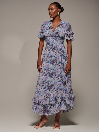 Chiffon Layered Sleeve Ruffle Hem Midaxi Dress, Blue Floral
