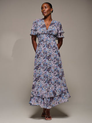 Chiffon Layered Sleeve Ruffle Hem Midaxi Dress, Blue Floral