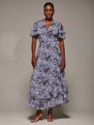 Chiffon Layered Sleeve Ruffle Hem Midaxi Dress, Blue Floral