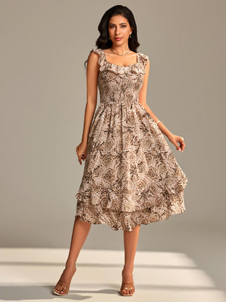 Shirred Ruffle Sleeve Tiered Midi Dress, Brown Abstract
