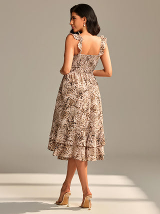 Shirred Ruffle Sleeve Tiered Midi Dress, Brown Abstract