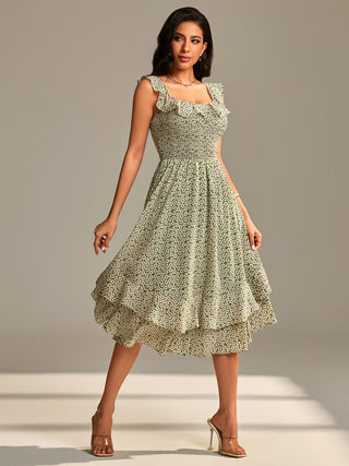 Shirred Ruffle Sleeve Tiered Midi Dress, Green Floral