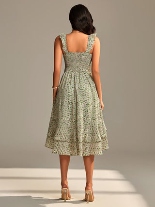 Shirred Ruffle Sleeve Tiered Midi Dress, Green Floral