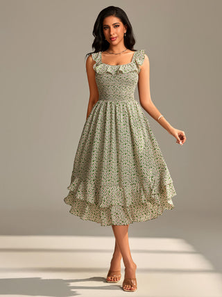 Shirred Ruffle Sleeve Tiered Midi Dress, Green Floral