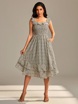 Shirred Ruffle Sleeve Tiered Midi Dress, Navy Floral