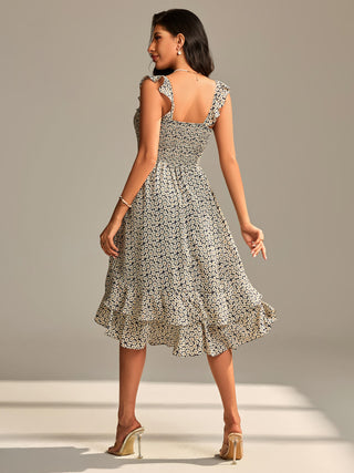 Shirred Ruffle Sleeve Tiered Midi Dress, Navy Floral