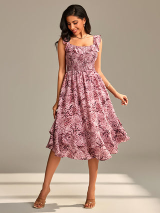 Shirred Ruffle Sleeve Tiered Midi Dress, Pink Abstract
