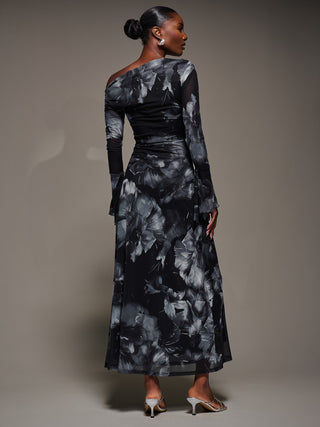 Long Sleeve Slash Neck Maxi Dress, Black Abstract