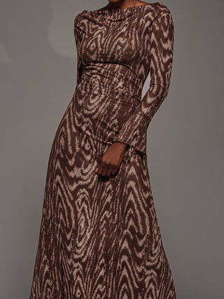 Long Sleeve Slash Neck Maxi Dress, Brown Animal