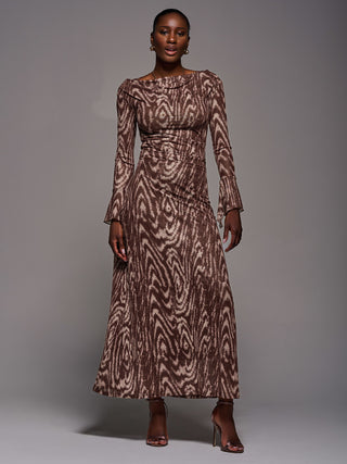 Long Sleeve Slash Neck Maxi Dress, Brown Animal