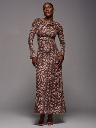 Long Sleeve Slash Neck Maxi Dress, Brown Animal