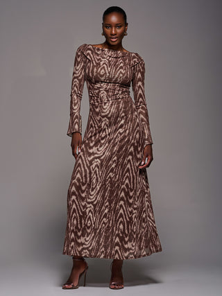 Long Sleeve Slash Neck Maxi Dress, Brown Animal