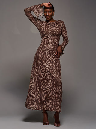 Long Sleeve Slash Neck Maxi Dress, Brown Animal