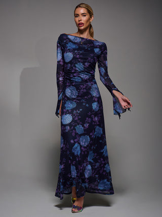 Long Sleeve Slash Neck Maxi Dress, Purple Floral