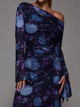 Long Sleeve Slash Neck Maxi Dress, Purple Floral