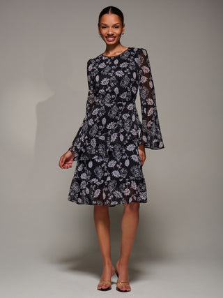 Long Sleeve Frill Chiffon Knee-Length Dress, Black Floral