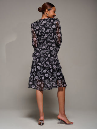 Long Sleeve Frill Chiffon Knee-Length Dress, Black Floral