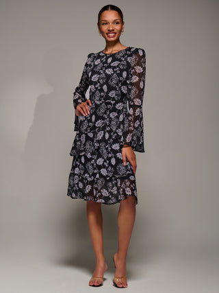 Long Sleeve Frill Chiffon Knee-Length Dress, Black Floral