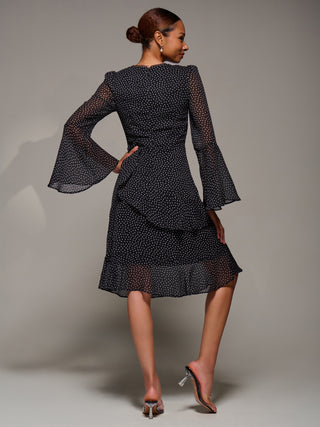 Long Sleeve Frill Chiffon Knee-Length Dress, Black Spot